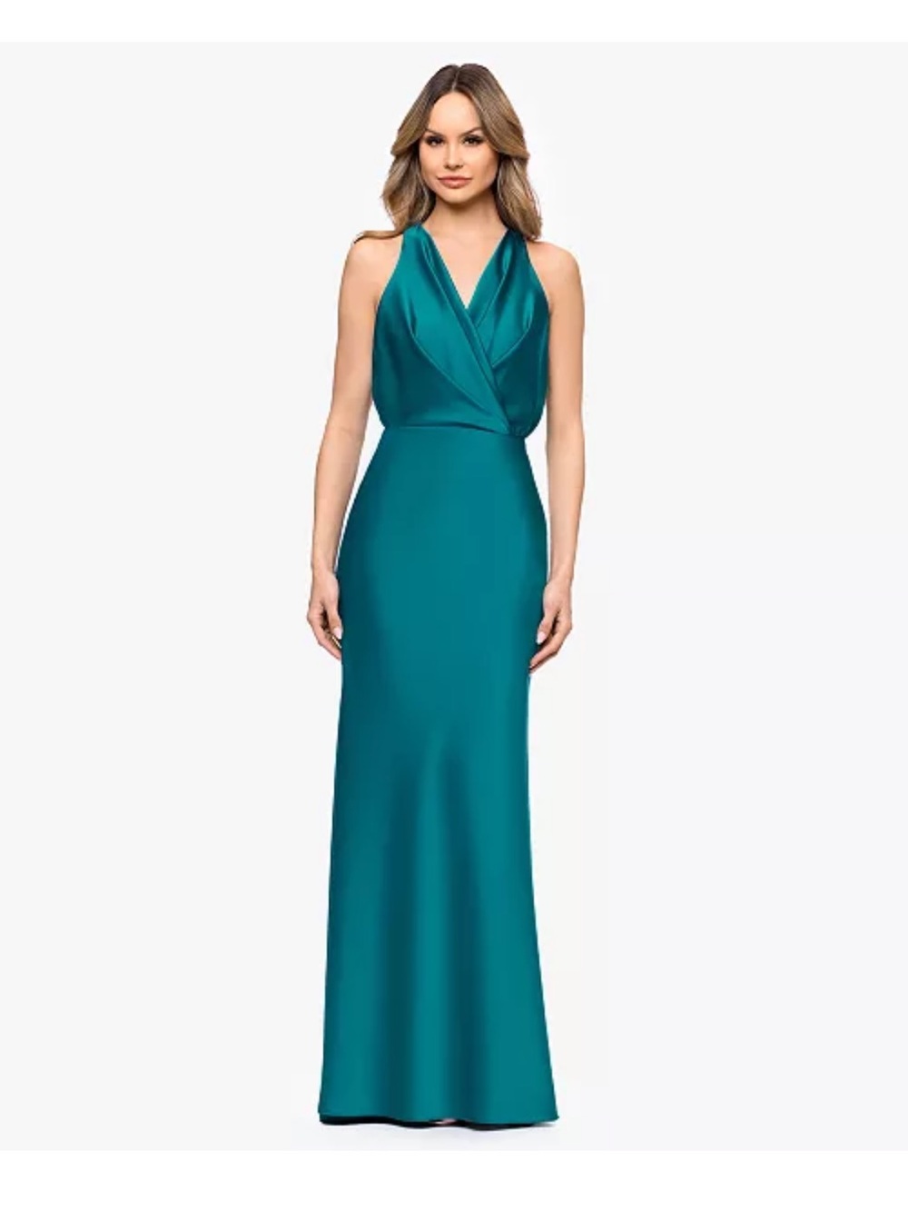 Betsy & Adam Petite Teal Satin V-Neck Halter Maxi Gown